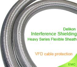 Delikon Interference Shielding Heavy Series Flexible Sheath protects VFD cable and transformer cable. EMI Shielding Heavy Series Over Braided Flexible Conduit and EMI Shield Termination Connector