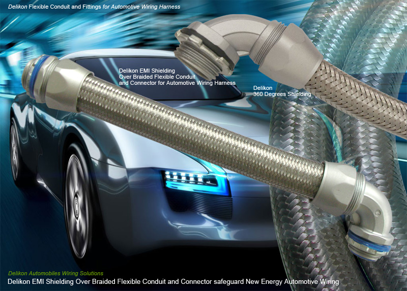 Delikon EMI Shielding Over Braided Flexible Conduit and Connector safeguard New Energy Automotive Wiring. The special requirements of new energy vehicles wiring harness in terms OF mechanical strength, insulation protection and electromagnetic compatibility is expected to boost the demand for Delikon EMI Shielding Over Braided Flexible Conduit and Connector, which provide excellent mechanical protection as well as efficient shielding to the Automotive Wires.
