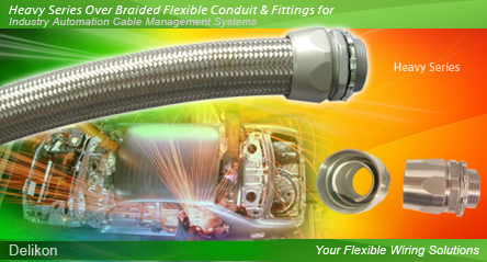 Delikon interference shielding Heavy Series Over Braided Flexible Conduit,Electrical Flexible Conduit, Liquid Tight Conduit, Heavy Series Over Braided Flexible Conduit, Heavy Series Connector, Stainless Steel Flexible Conduit, Stainless Steel Liquid Tight Conduit, Stainless Steel Connector, Conduit Fittings, aluminum connector, swivel connector, VFD cable shielding flexible conduit, electric vehicle EV wiring harness flexible conduit,high temperature connector,heavy series flexible sheath