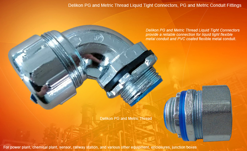 Delikon PG and Metric Thread Liquid Tight Connectors provide a reliable connection for liquid tight flexible metal conduit and PVC coated flexible metal conduit. The compact design results in a connector that could be installed in a tight space. Delikon liquid tight connectors are often found on power plant, sensor, railway station, automation equipment, PLC and various other equipment, enclosures, junction boxes. Delikon PG and Metric Thread Conduit Connector could be produced in a variety of materials and finishes for great looks and lasting durability. 