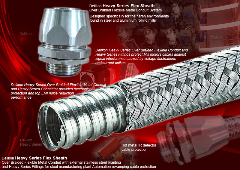Delikon Heavy Series Flex Sheath Over Braided Flexible Metal Conduit with external stainless steel braiding and Heavy Series Fittings for steel manufacturing plant Automation revamping cable protection