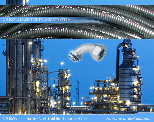 DELIKON stainless steel liquid tight conduit and stainless steel liquid tight connector are relied upon by leading petrochemical organisations for protection of their electrical and data cables in Corrosion Environments.
