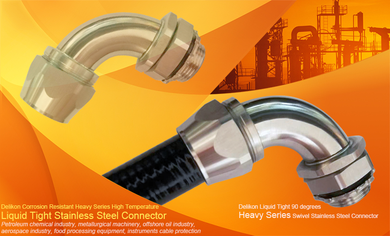 Delikon heat resistant High Temperature Heavy Series Liquid Tight Stainless Steel Connector offers good corrosion resistance to many chemical corrodents, as well as industrial atmospheres. Delikon Heavy Series Stainless Steel Connector is widely used in petroleum chemical industry, offshore oil, gas industry, offshore wind industry,metallurgical machinery, aerospace industry, food processing equipment, instruments, household appliances and hardware manufacturing industries.